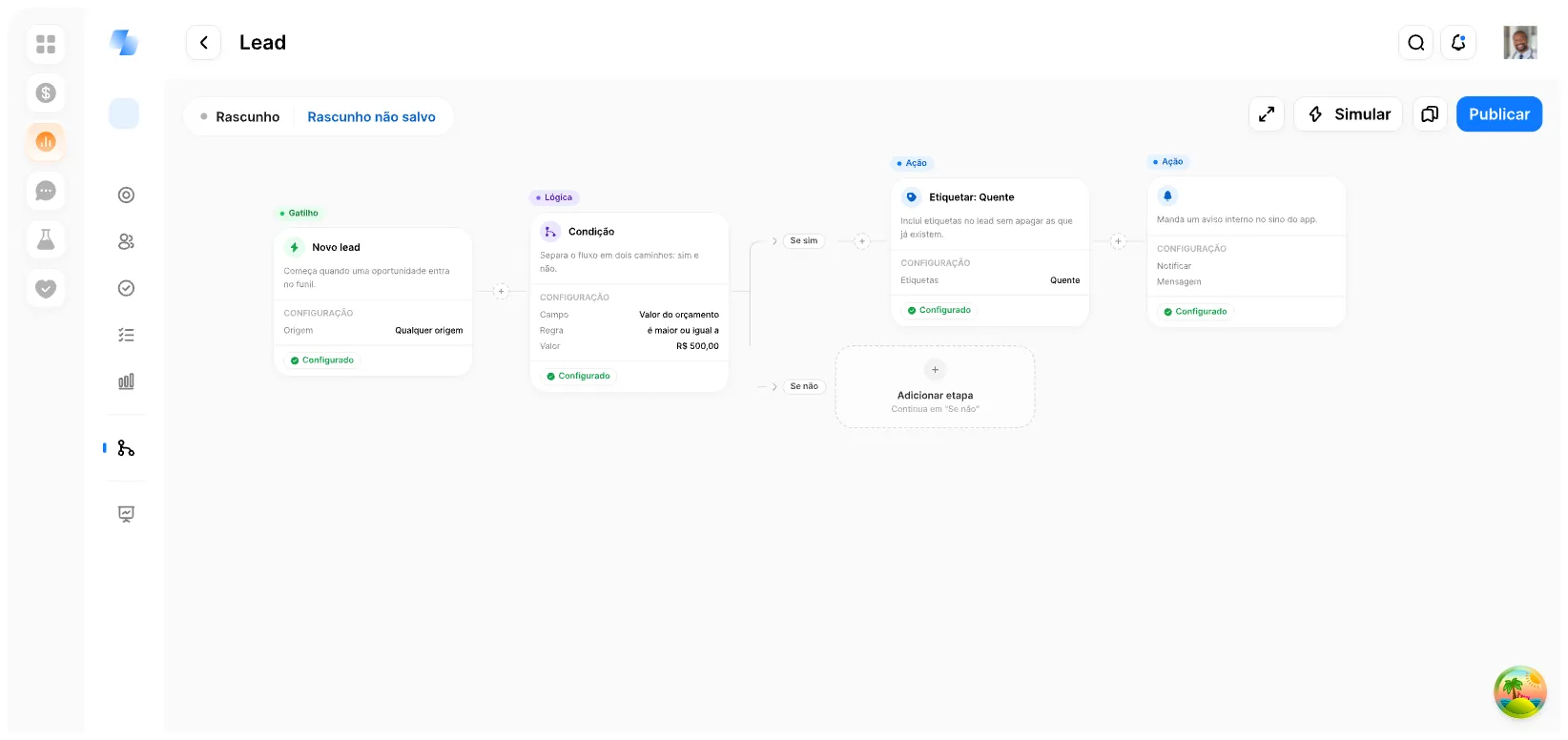 Automação de lead no módulo Comercial: gatilho, condição e as ações de etiquetar e notificar, encadeados no canvas
